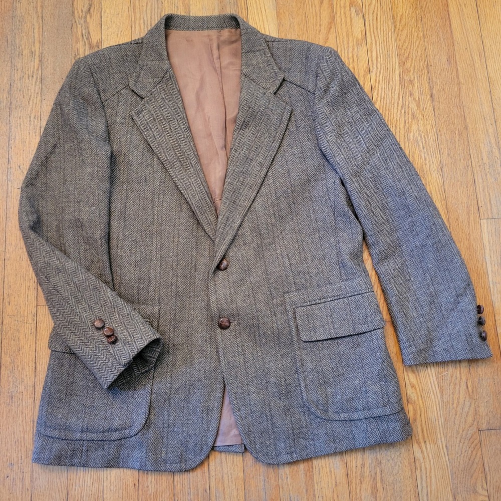Alexanders 44R Blazer Brown Herringbone Pure Virgin Wool Sport Coat Vintage
